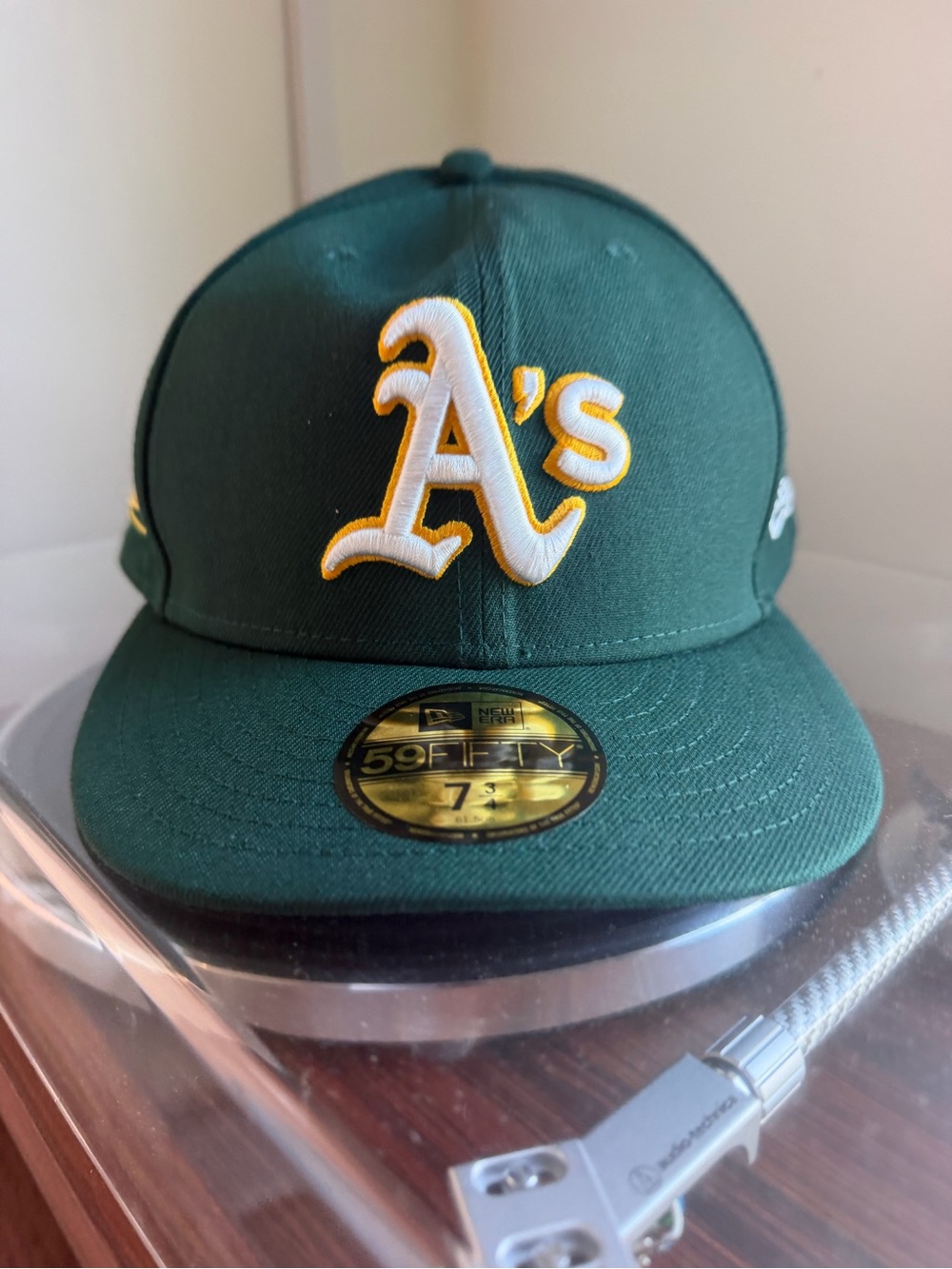 New Era A's Fitted Cap in Dark Green w/ Yellow & White Logo w/ Tower Bridge